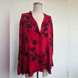 Red Floral Button-Up Blouse